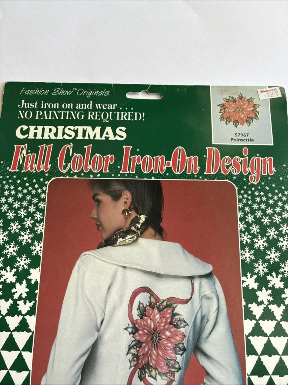 Vintage 1991 Plaid Christmas Poinsettia Iron On Transfer Full Color Design
